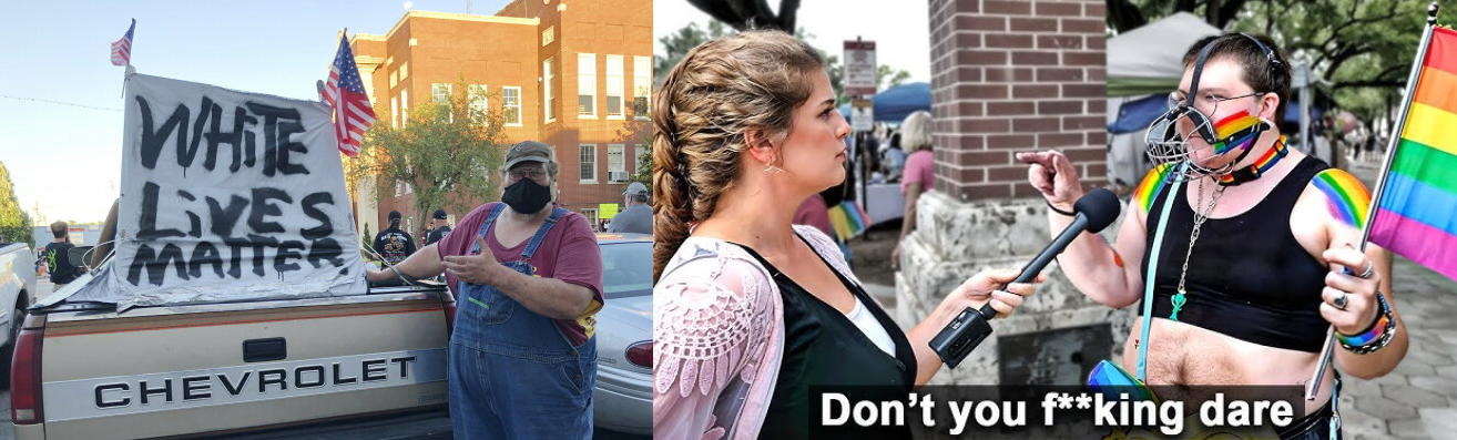 Two protesters side by side: one holding a 'White Lives Matter' sign, one a counter-protester mid-shout, the two 'sides' as the same kind of person